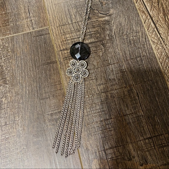 Long Dangle Flower Design Chain Tassel Necklace Silver Jewelry Black Jewel - Picture 2 of 5